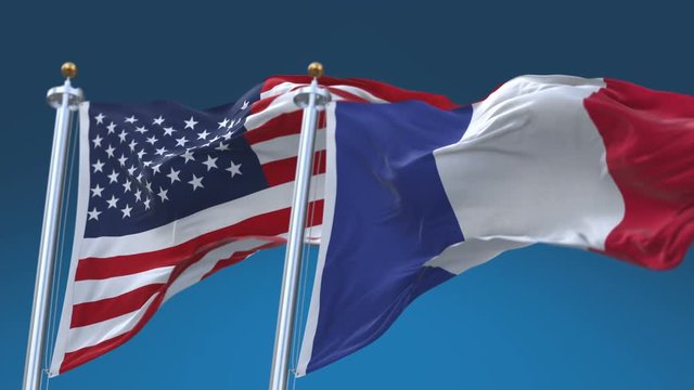 4k Seamless United States of America And France Flags with blue sky background,A fully digital rendering,The flag 3D animation loops at 20 seconds,USA FRA.