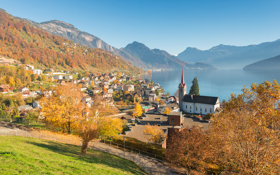 Swiss village in autumn decoration.