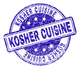 KOSHER CUISINE stamp seal watermark with grunge texture. Designed with rounded rectangles and circles. Blue vector rubber print of KOSHER CUISINE title with unclean texture.