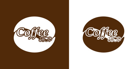 Logotipo abstracto con grano de café y texto Coffee Shop en marrón y blanco