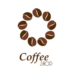 Logotipo abstracto con granos de café en círculo y texto Coffee Shop en fondo blanco