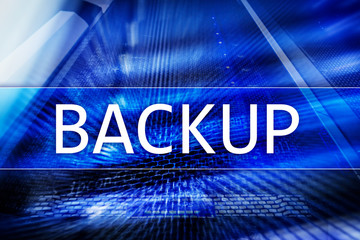 Fototapeta na wymiar Backup button on modern server room background. Data loss prevention. System recovery.