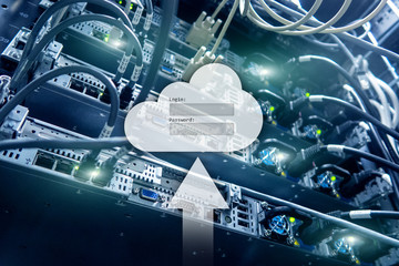 Cloud storage, data access, login and password request window on server room background. Internet...