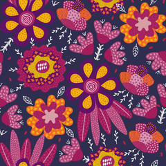 Vector seamless pattern. Abstract hand drawn flowers with different textures. Floral composition. Freehand style. Artistic design for wallpaper, textiles, wrapping, card, print on clothes, packaging