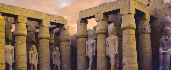 Karnak Temple, Colossal sculptures of ancient Egypt in the Nile Valley in Luxor,  Embossed...