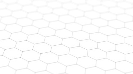 Abstract white futuristic background. Background with hexagons. Connecting dots and lines on white background. 4k rendering.