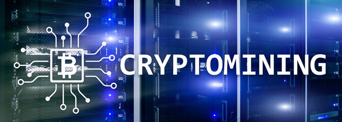 Cryptocurrency mining concept on server room background.