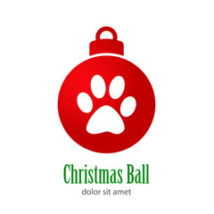 Logotipo con texto Christmas Ball con pisada de gato en bola de color rojo