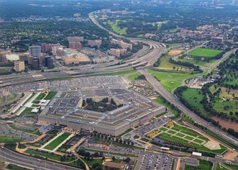 Aerial view of the United States Pentagon, the Department of Defense headquarters in Arlington,...
