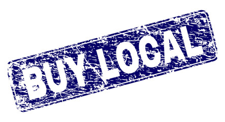 BUY LOCAL stamp seal print with grunge style. Seal shape is a rounded rectangle with frame. Blue vector rubber print of BUY LOCAL caption with grunge style.