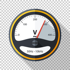 Voltmeter icon in flat style with long shadow on transparent background