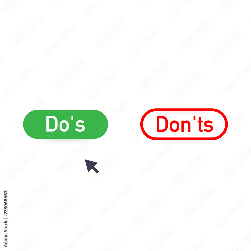 Poster do's or don'ts click glyph icon. accept and decline buttons. hand pressing button. vector illustrati