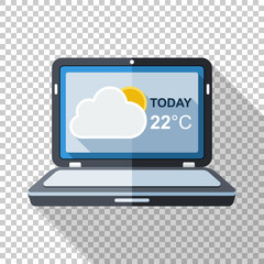 Laptop icon in flat style with weather widget on the screen and long shadow on transparent background