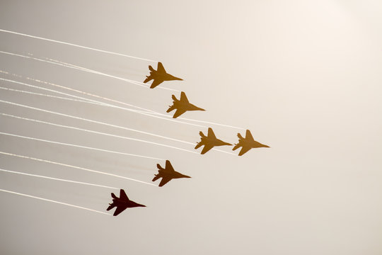 Military fighter planes of Russia, in the sky. War in Ukraine.