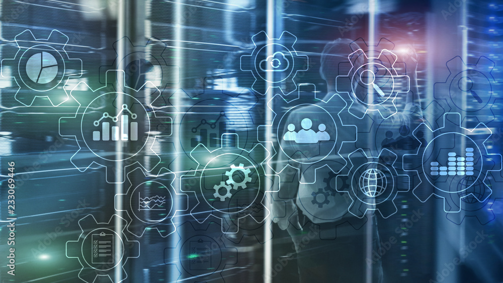 Poster business process abstract diagram with gears and icons. workflow and automation technology concept.