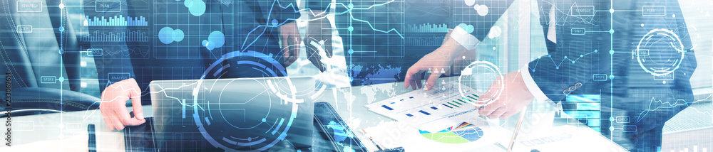 Poster business digital interface with graphs, charts, icons and timeline on blurred background. website he