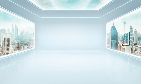 Futuristic pure white interior design of modern showroom with large windows and city urban landscape . Mixed media .