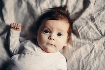 Closeup portrait of cute adorable funny white Caucasian brunette little baby newborn with blue grey...