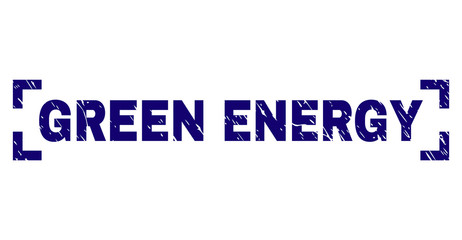 GREEN ENERGY caption seal print with corroded style. Text caption is placed inside corners. Blue vector rubber print of GREEN ENERGY with grunge texture.