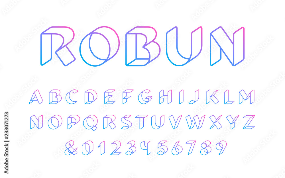 Poster 3d linear font. vector alphabet with latin letters and numbers.