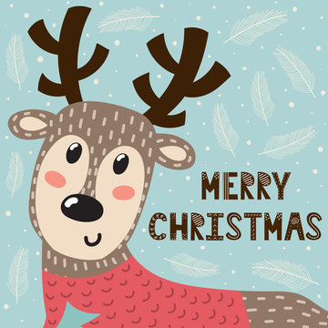 Merry Christmas greeting card with a cute deer. Holiday background. Vector illustration