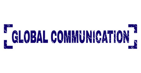 GLOBAL COMMUNICATION tag seal print with distress texture. Text caption is placed inside corners. Blue vector rubber print of GLOBAL COMMUNICATION with dirty texture.