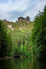 Hidden path through the forest around the Bastei bridge close to Rathen village in Saxony, Germany