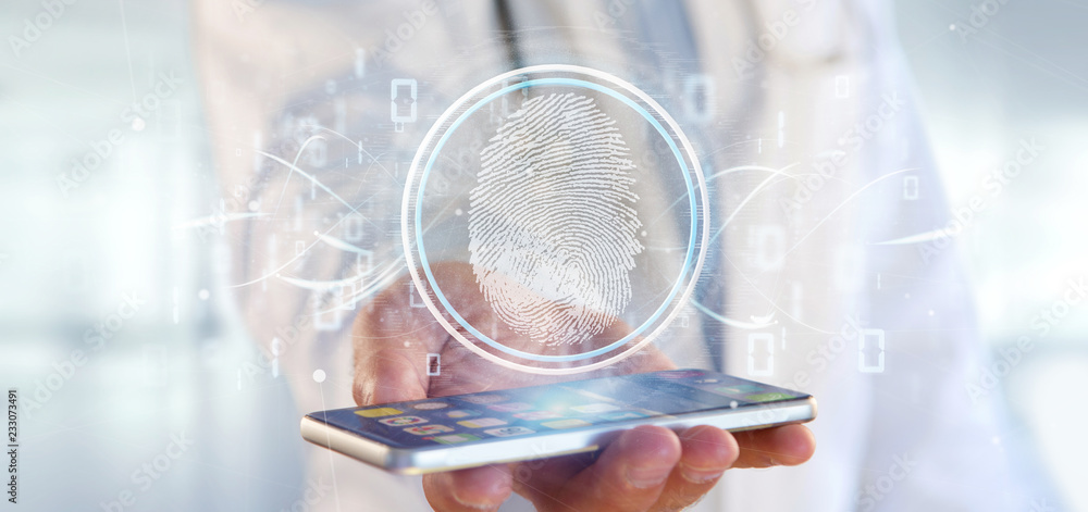 Poster doctor holding a digital fingerprint identification and binary code 3d rendering