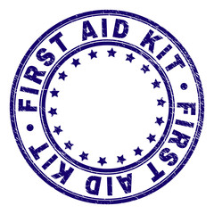 FIRST AID KIT stamp seal imprint with distress texture. Designed with round shapes and stars. Blue vector rubber print of FIRST AID KIT label with grunge texture.