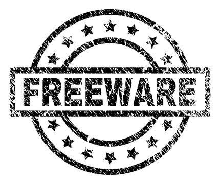 FREEWARE stamp seal watermark with distress style. Designed with rectangle, circles and stars. Black vector rubber print of FREEWARE text with scratched texture.