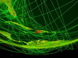 Haiti on green model of planet Earth with network representing digital age, travel and communication.