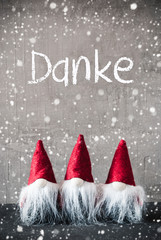 Three Red Gnomes, Cement, Snowflakes, Danke Means Thank You