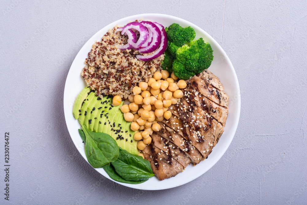 Wall mural Buddha bowl with broccoli , quinoa , grilled chicken , avocado and spinach