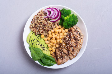 Buddha bowl with broccoli , quinoa , grilled chicken , avocado and spinach