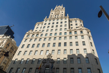 Telefonica Building (Edificio Telefonica) at Gran Vía street in City of Madrid, Spain