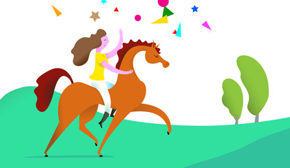 Decorate poster with horse in cartoon style. Vector illustration.
