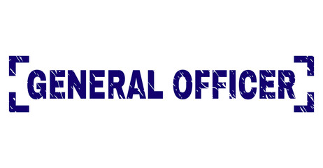 GENERAL OFFICER text seal print with corroded style. Text caption is placed between corners. Blue vector rubber print of GENERAL OFFICER with dust texture.