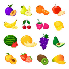 Cartoon fresh fruits isolated icons on white