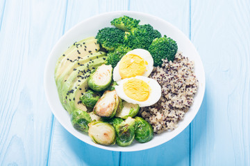 Buddha bowl with quinoa , eggs , avocado , brussels sprouts and broccoli