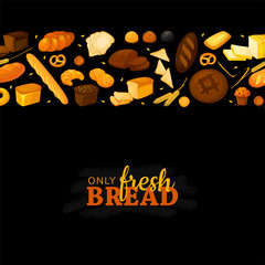 Bread products on black chalkboard. Poster frame