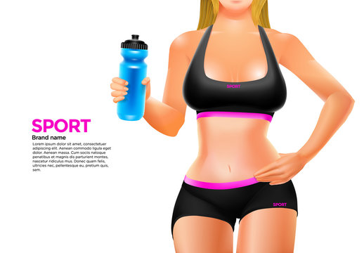 Young woman's body in sport style wear keeps a bottle in her hand. Vector illustration.