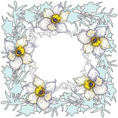 Foto op Canvas Spring floral round frame with hand drawn flowers Daffodils © Rina Ka