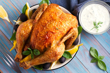 Chicken with Greek Tzatziki Sauce (made with yogurt, cucumber, garlic, dill and olive oil). View from above, top studio shot