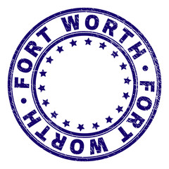 FORT WORTH stamp seal imprint with grunge texture. Designed with round shapes and stars. Blue vector rubber print of FORT WORTH caption with scratched texture.