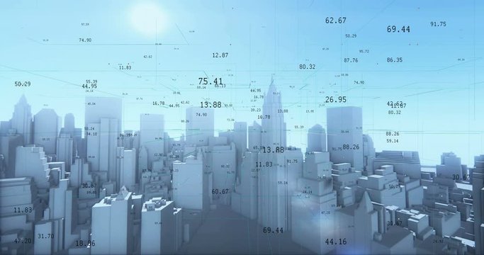 4k flying through 3d urban building and skyscrapers,a financial tech digital data,tech network,complexity and data flood of modern digital age.Business figures.economic index,Stock Market.