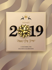 Happy New Year 2019 winter holiday greeting card design template. Party poster, banner or invitation. Luxury Vector background with golden gift bow