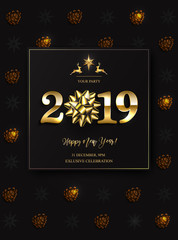 Happy New Year 2019 winter holiday greeting card design template. Party poster, banner or invitation gold glittering stars confetti glitter decoration. Luxury Vector background with golden gift bow