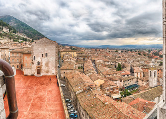 Aerial view of Piazza Grande, main square in Gubbio, Italy