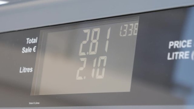 Close-up of a gas station pump as the numbers rise while filling up the gas tank