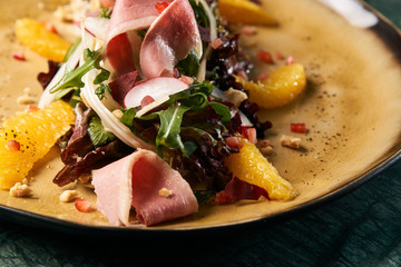 Vegetable salad with Smoked duck breast, close-up. 
